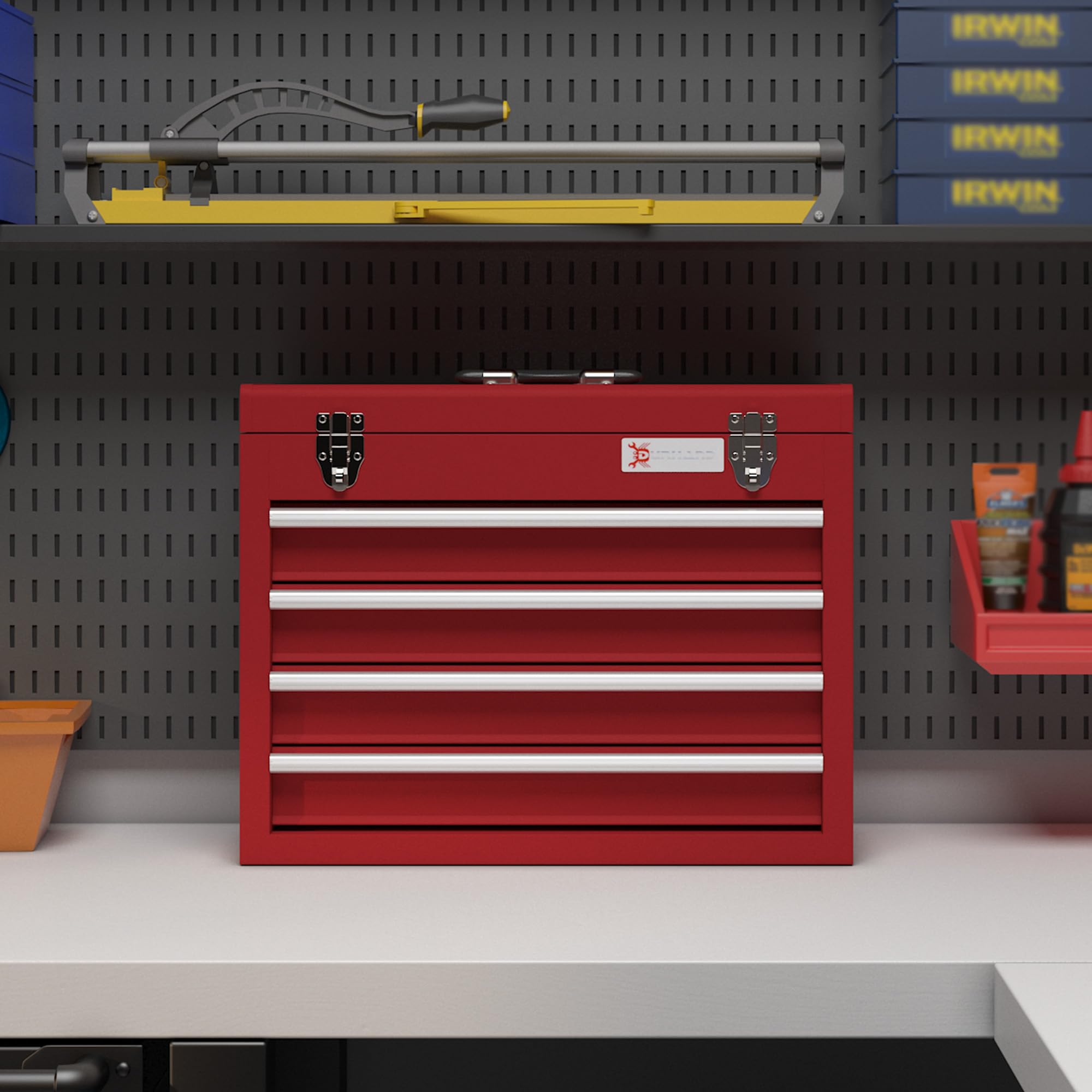 DURHAND 3 Drawer Tool Chest, Lockable Metal Tool Box with Ball Bearing Runners, Portable Toolbox, 510mm x 220mm x 320mm, Red