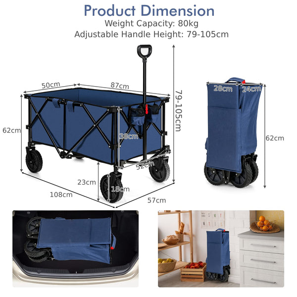 COSTWAY Folding Camping Wagon, Collapsible Beach Garden Trolley with Cup Holders and Adjustable Handle, Canvas Transport Utility Cart for Shopping Gardening Sporting Events (Navy Blue)
