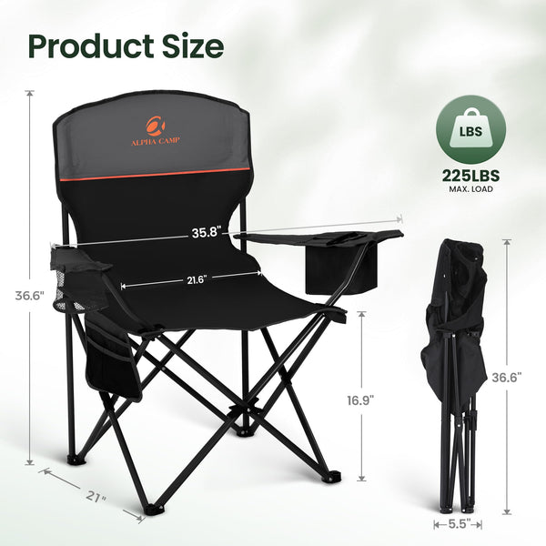 ALPHA CAMP Set of 2 Folding Camping Chairs with Cooler Bag & Cup Holder & Side Pocket Up to 120kg, Lightweight and Portable Camping Chair for Adults, Black