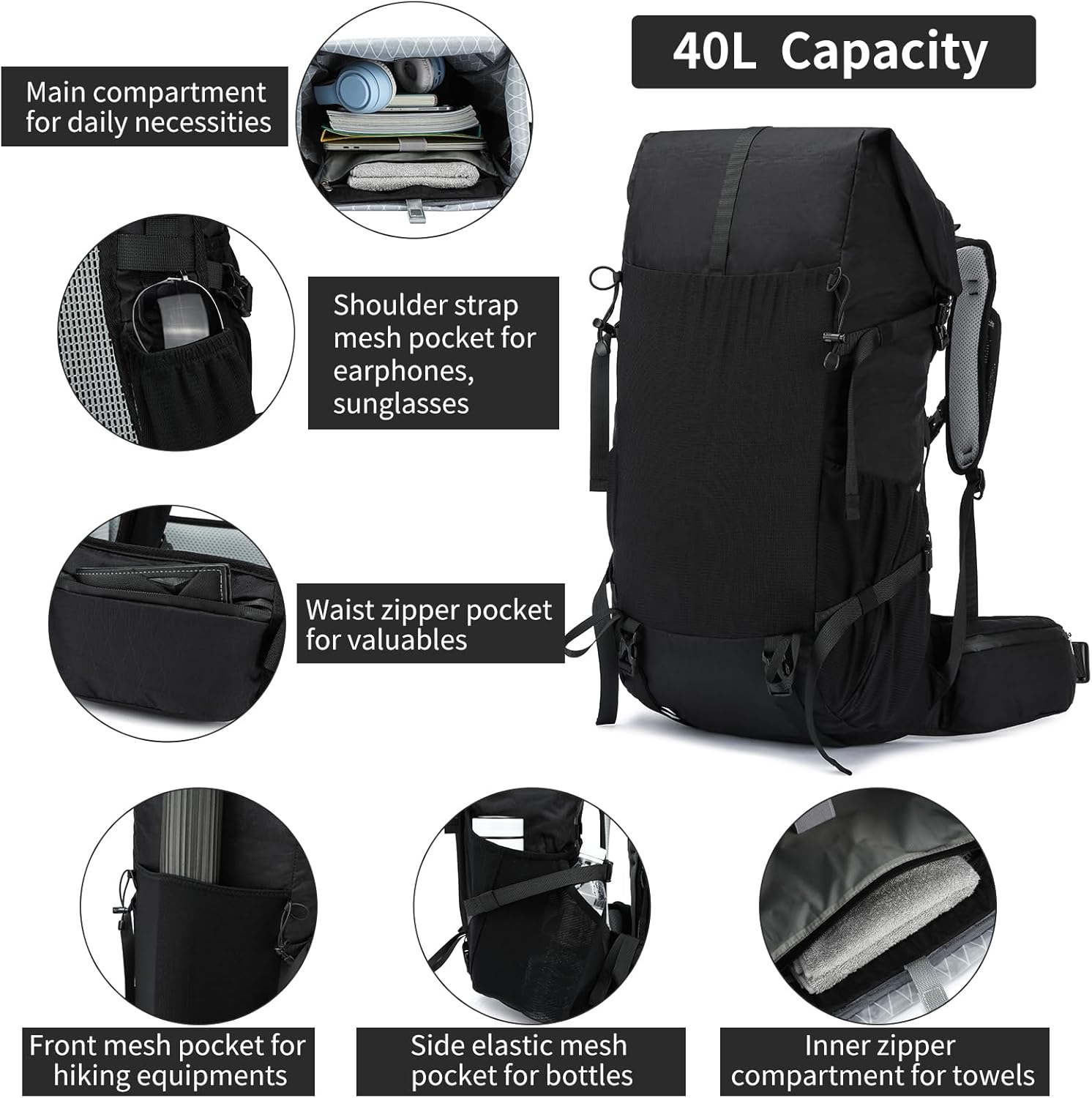 POWER KING 40L Expandable TO 50L Hiking Backpack,Upgraded X-PAC Scratch-proof Lightweight Large Rucksack for Mens Women, Outdoor Roll Top Camping Packsack, Fit for 15.6'' Laptop