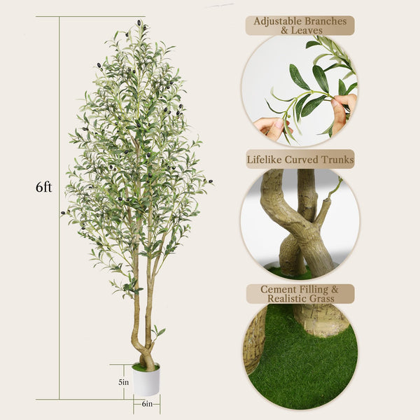 Alupssuc 6FT Artificial Olive Tree, Faux Olive Tree with Curved Trunk & Lifelike Olive Leaves in White Pots, 6 Feet Big Tall Fake Tree Plants for Home