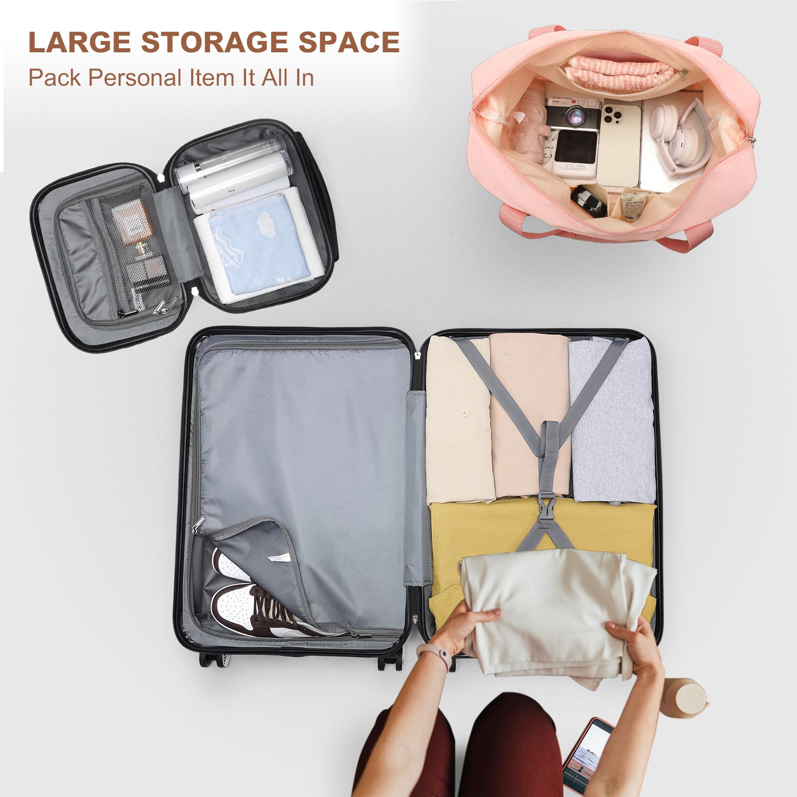 Kono Travel Luggage Sets of 6 Piece Lightweight ABS Hard Shell Trolley Case with TSA Combination Lock 20" 24" 28" Suitcase + 12" Beauty Case + Duffel Bag & Toiletry Bag (Cream White)