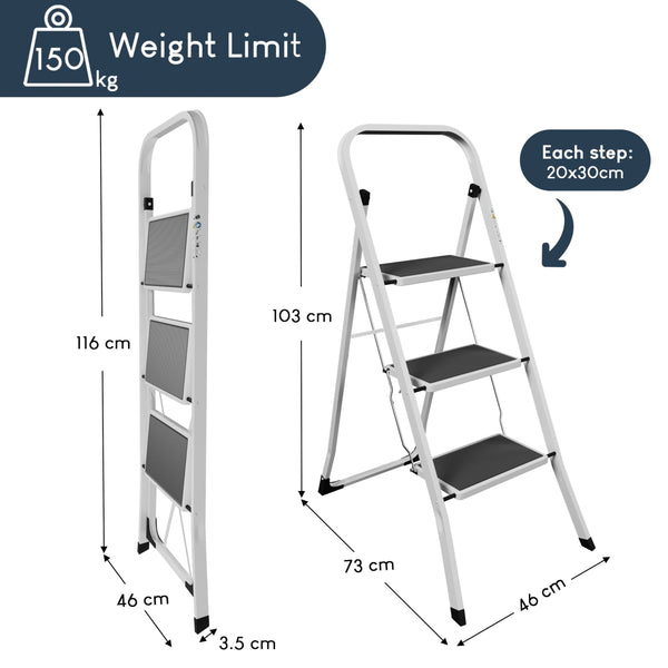 Home Vida 3 Step Ladder - Heavy Duty Steel Folding Ladder with Slip-Resistant and Wide Steps, Folding Mechanism, 150kg Max Load, Home/Kitchen/DIY/Garden Use, White