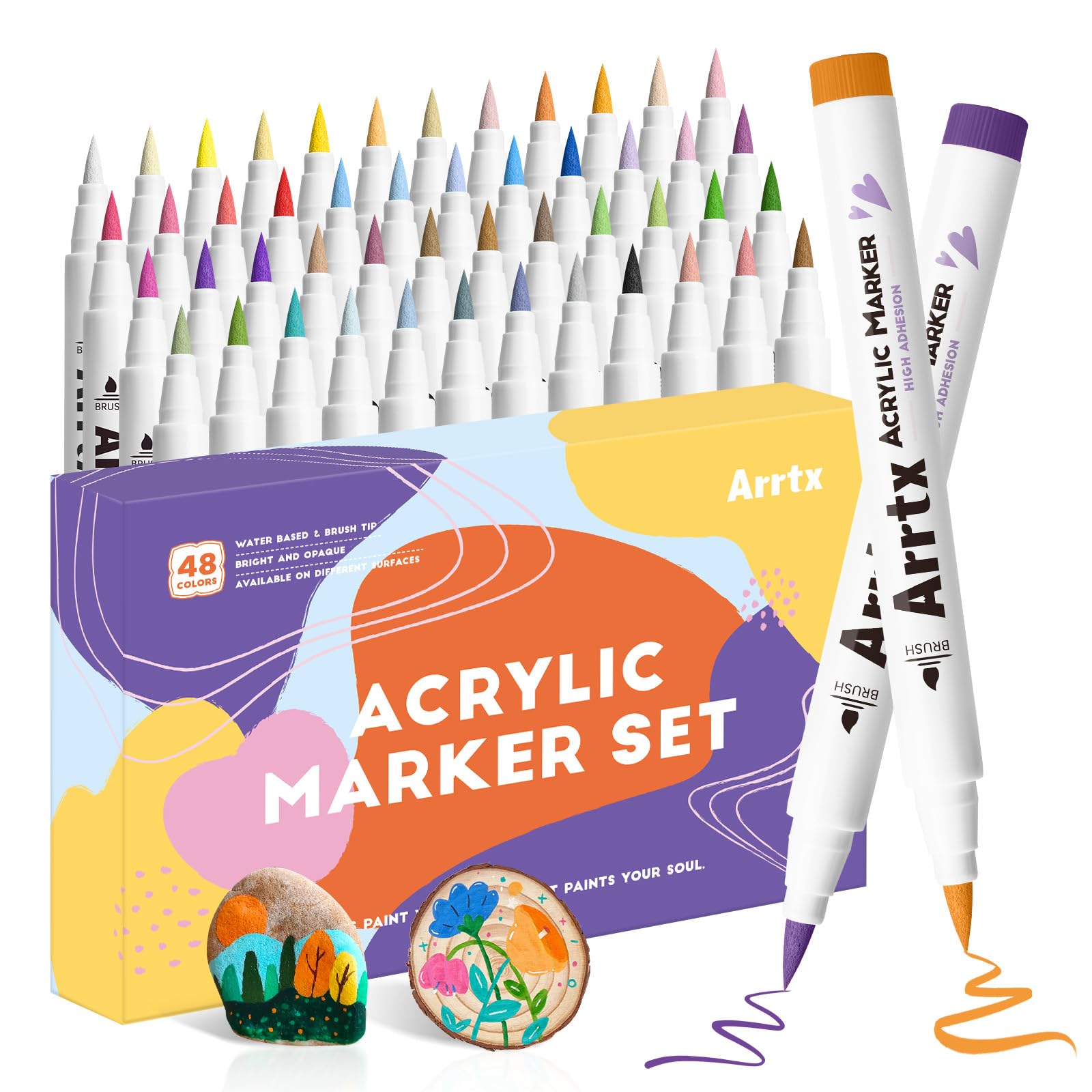 Arrtx Acrylic Paint Pen-48E Colors Acrylic Marker for Rock Painting, Brush Tip Paint Markers, Art Supplies, Fabric Paint, Fabric Markers, Waterproof