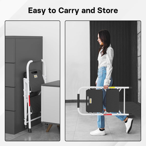 BONTEC 4 Step Ladder Folding, Heavy Duty Foldable Step Stool with Wide Anti-Slip Pedals, Sponge Handrail and Tool Tray, Portable Household Ladder 150kg Capacity, Compact Collapsible Indoor Ladder