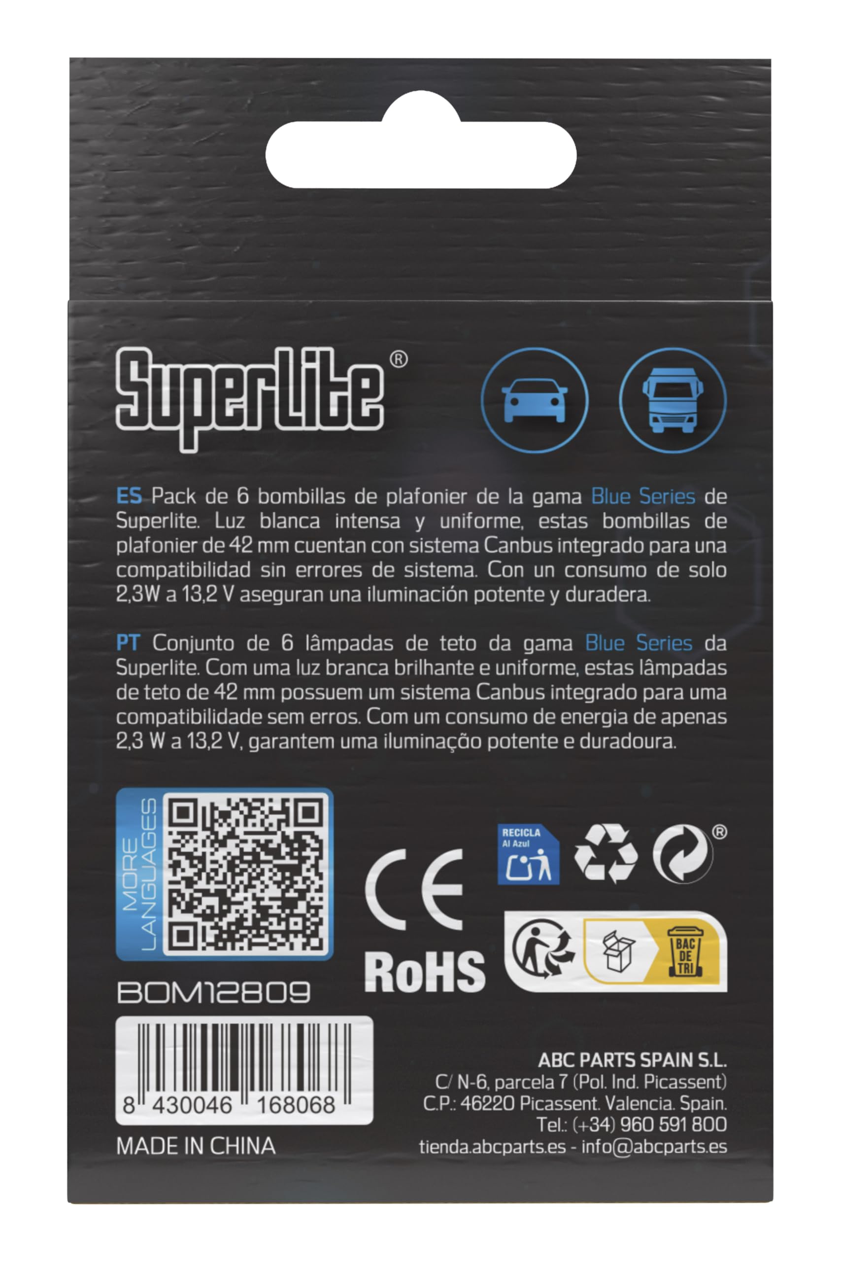Superlite Set of 2 T10 Bulbs with 18 Leds from the Blue Series range. CanBus Technology and 6500K Colour Temperature. Ideal for Car and Truck.