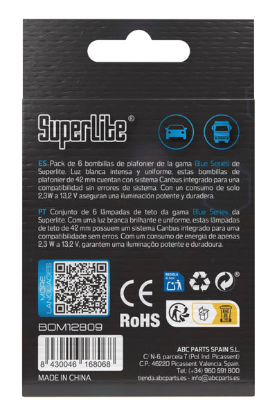 Superlite Set of 2 T10 Bulbs with 18 Leds from the Blue Series range. CanBus Technology and 6500K Colour Temperature. Ideal for Car and Truck.