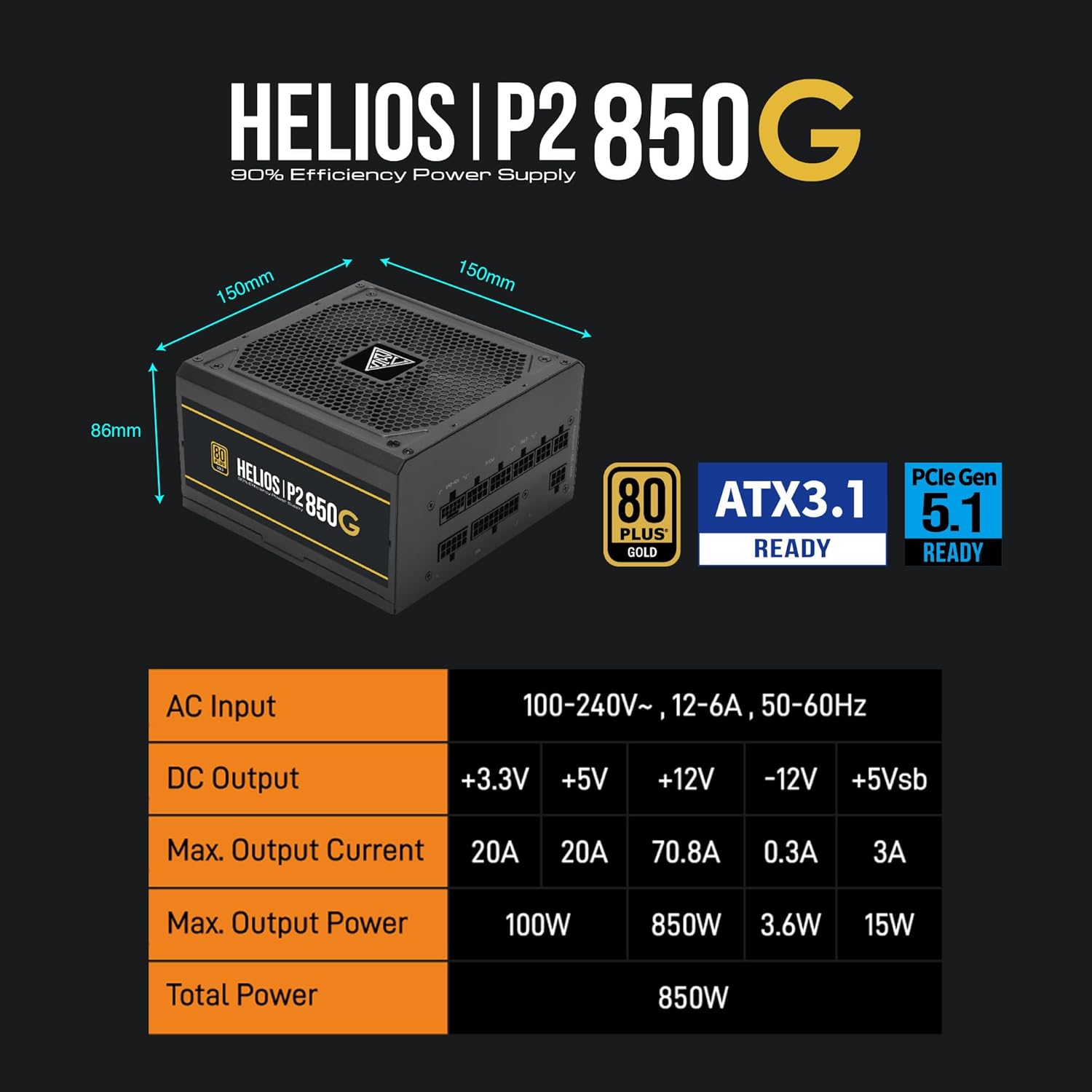 GAMDIAS HELIOS P2-750G Low-Noise ATX PC Power Supply, 80 PLUS Gold Non-Modular Computer PSU, ATX 3.1 & PCIe Gen 5.1 Ready, Native 12VHPWR Cable, Full DC-DC, LLC Resonant Circuit Design, Black