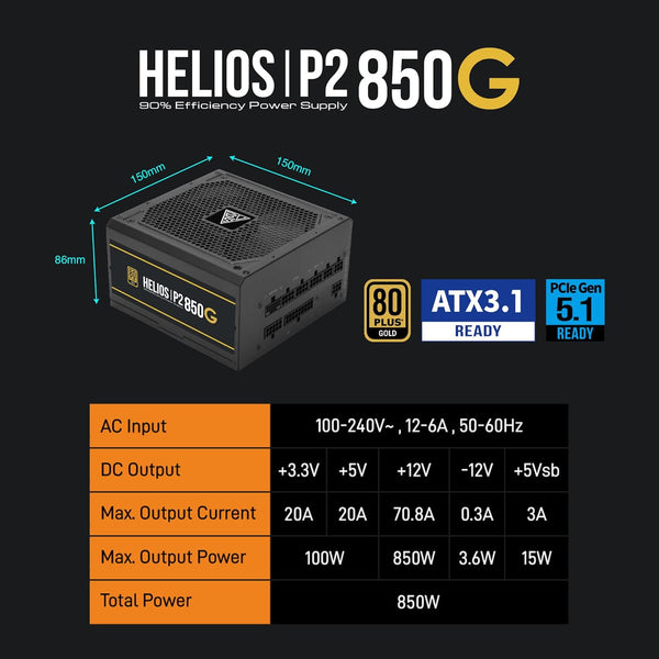 GAMDIAS HELIOS P2-750G Low-Noise ATX PC Power Supply, 80 PLUS Gold Non-Modular Computer PSU, ATX 3.1 & PCIe Gen 5.1 Ready, Native 12VHPWR Cable, Full DC-DC, LLC Resonant Circuit Design, Black