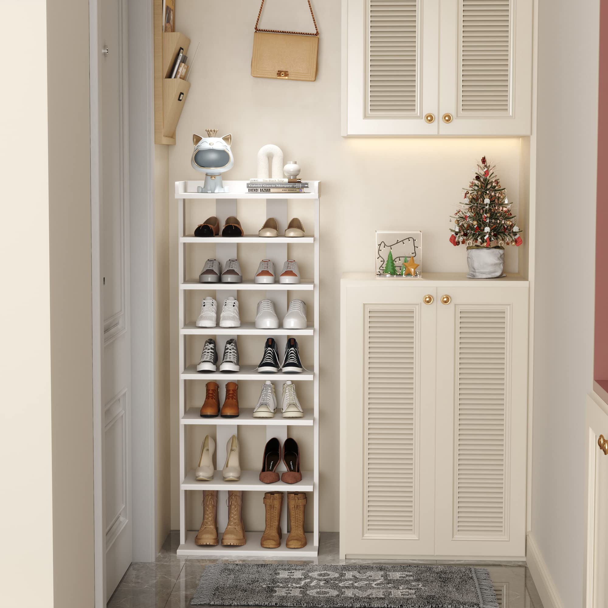 HOME BI Narrow Shoe Rack, Double Rows 7-Tier Wood Shoe Shelf, Vertical Shoe Storage Cabinet, Shoes Tower Organizer for Narrow Closet, Entryway,