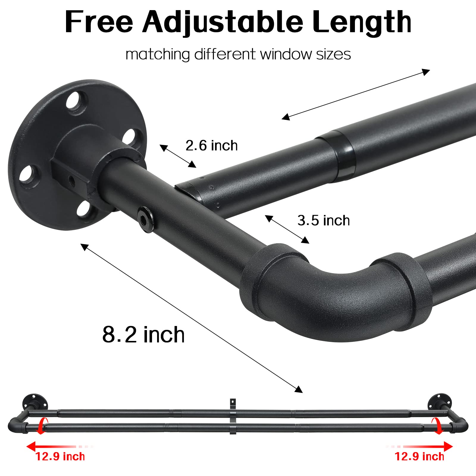 Harrms Industrial Double Curtain Pole, Curtain Poles for Eyelet Curtains, Matt Black, 74-236cm, Extendable Metal Curtain Rod Blackout Room Darkening