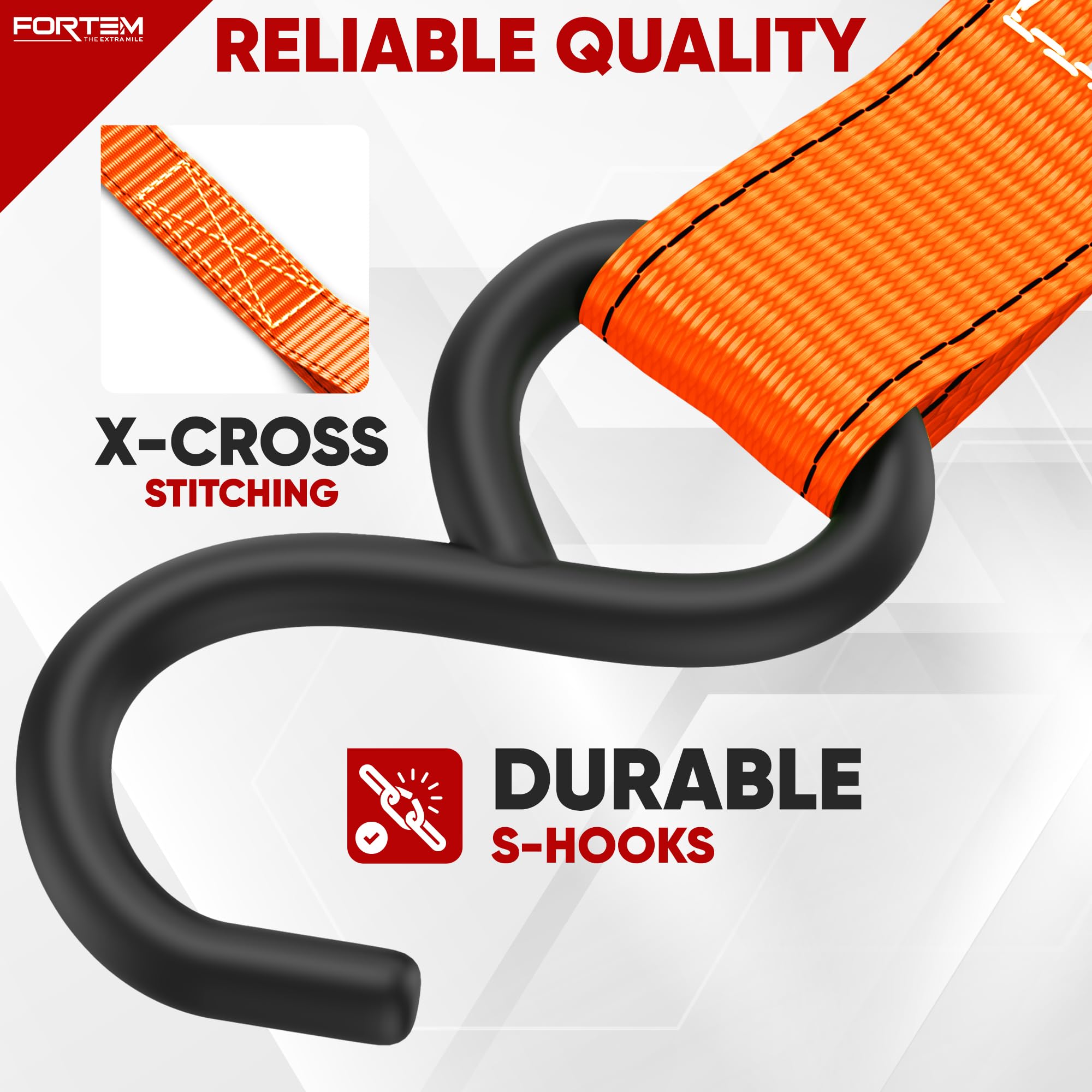 FORTEM Ratchet Straps, 748kg Break Strength, 4 Pack 4.6m x 2.54cm Tie Down Strap Set, 4 Soft Loops, Motorcycle Straps Tie Downs, Cargo Cam Buckles, Rubber Handles, Carry Bag