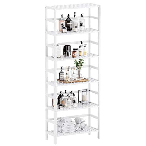 HITNET White Bookshelf, 6-Tier Adjustable Tall Bookcase, Bamboo Book Shelf Organizer, Free Standing Storage Shelving Unit, Display Flower Plant Stand