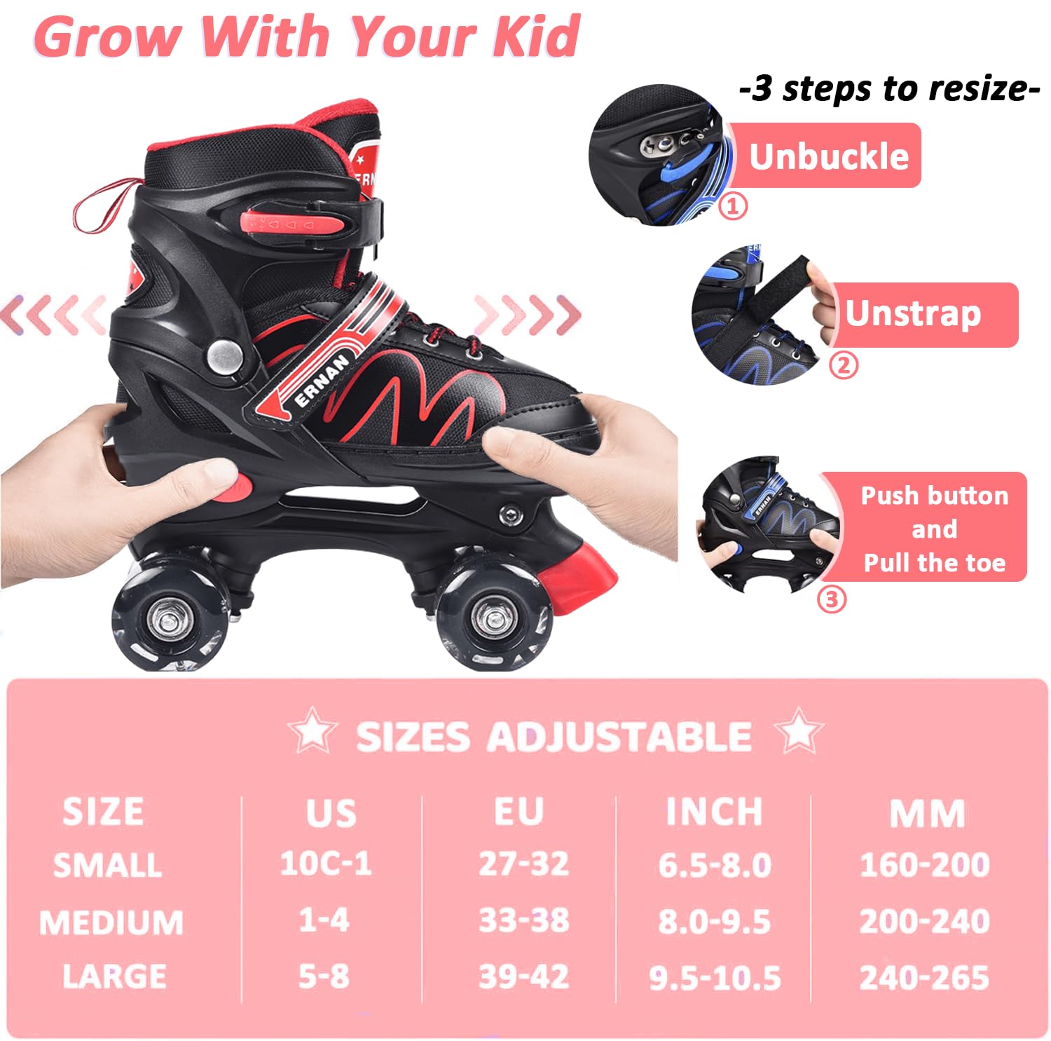 ERNAN Roller skates kids Roller boots,8 Light up Wheels and 4 Sizes Adjustable.Rollerskates for Kids Beginners, Suitable for Indoor Outdoor (RED, S)