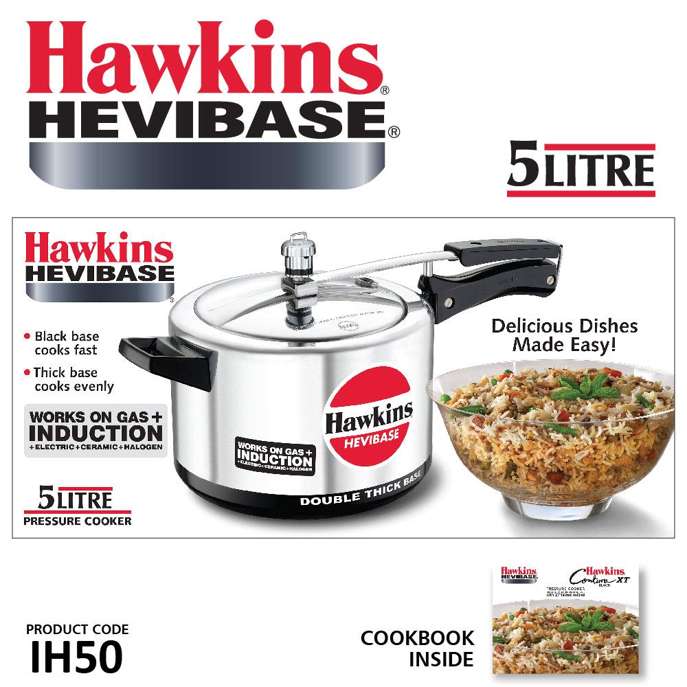 Hawkins Hevibase Hawkins H56 Hevibase Induction Compatible Aluminum Pressure Cooker, 5-Liter, Silver, 5-Litre