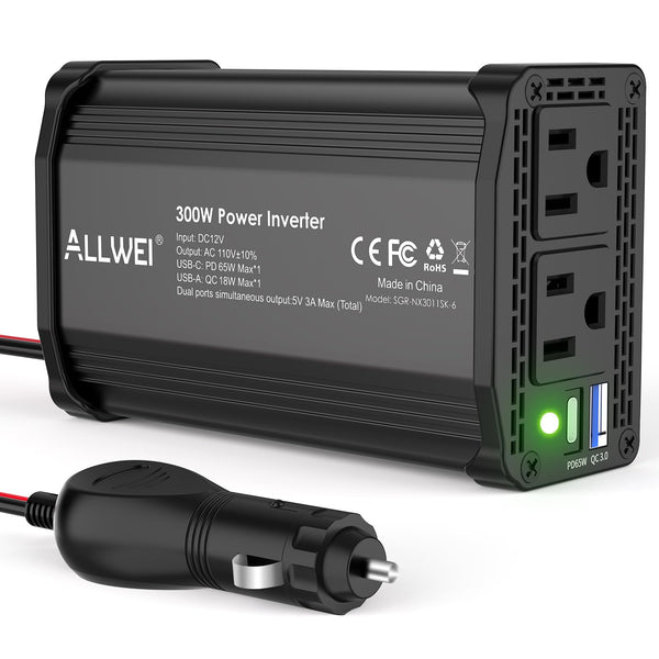 ALLWEI 300W Car Power Inverter with 27W USB-C and 3.0 USB Port - DC 12V to 240V / 230V AC Power inverters for Vehicles Converter Fast Charging Ports Car Charger Adapter (Red)