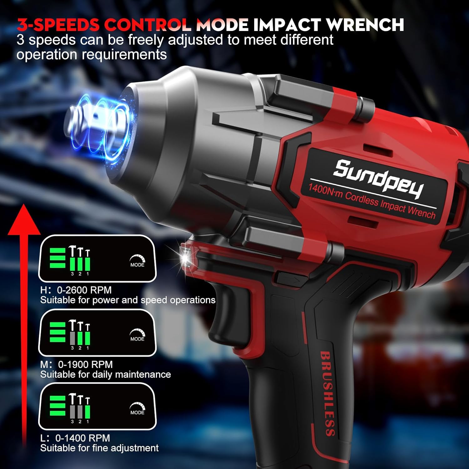 Sundpey 1400Nm Cordless Impact Wrench - 1/2-inch High Torque Impact Gun with 2 × 4.0Ah Battery - 2600RPM Power Impact Gun with 5 Sockets & 9 Drill Bits & 1/2" Hexagonal Adapter for Car Truck Home DIY