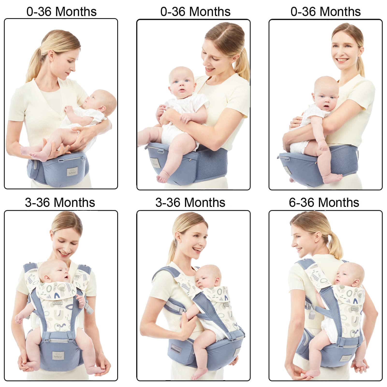 Bebamour Baby Carrier Newborn to Toddler Baby Carrier Hipseat 0-36Months with Head Hood, 3 PCS Teething Pads, Waist Extender, Grey