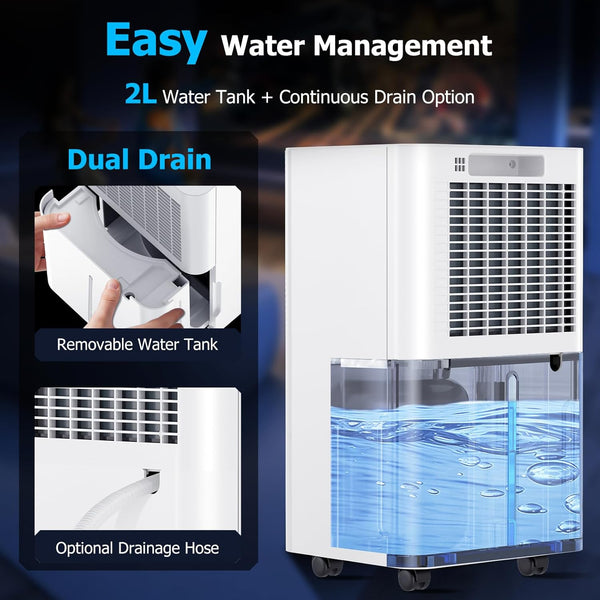 12L/Day Dehumidifier with Humidity Sensor & Display and 24-Hour Timer, 3 Dehumidification Modes, Suitable Bedrooms, Office, Basements, Continuous Draining, White