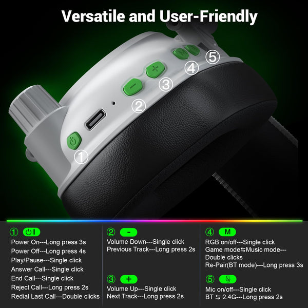 Krysenix KGH2 Wireless Gaming Headset for PS5, PS4, PC, Switch, 2.4GHz Bluetooth Wireless Headphones with Mic, Gaming & Music Dual Mode, ENC, Foldable, Cool LED, 40+ Hrs Battery, White Black