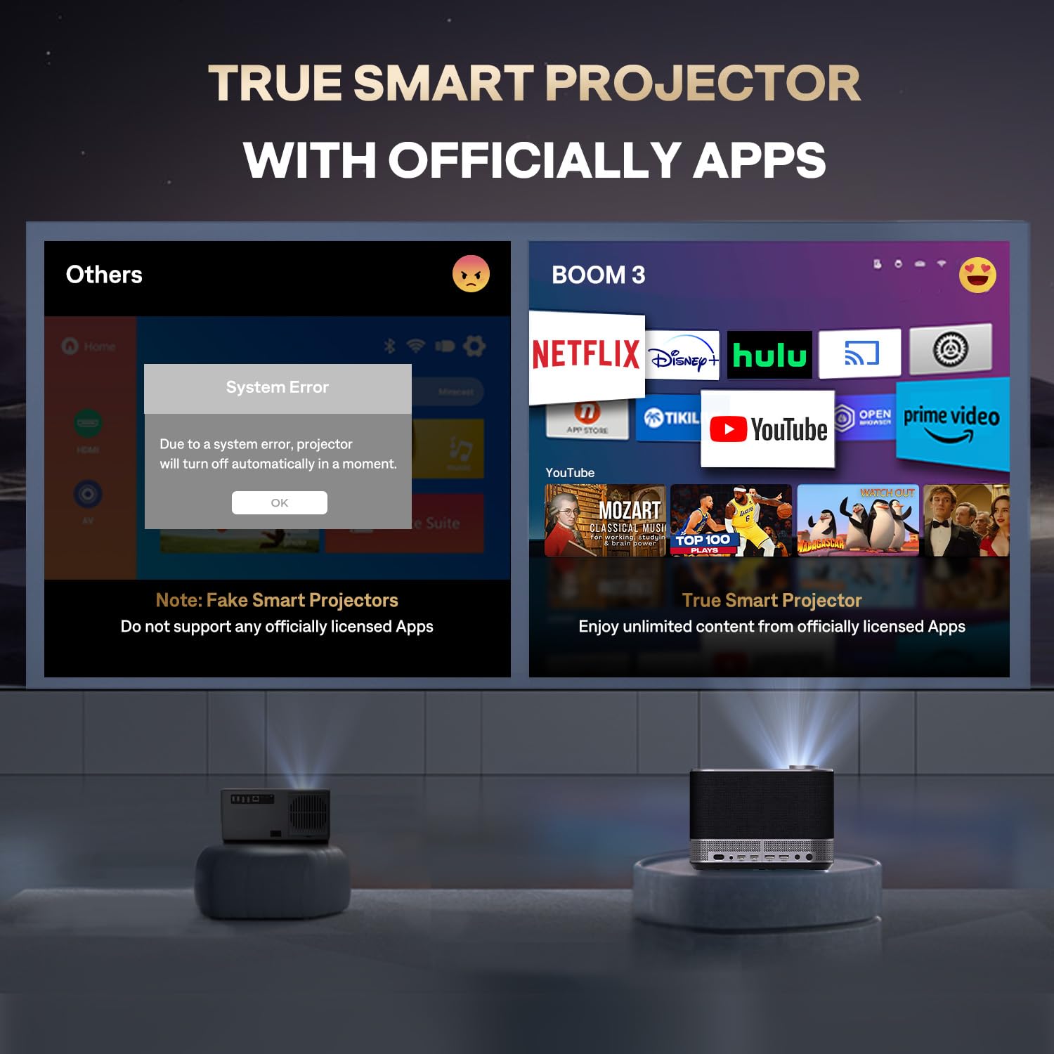 NetfIix Officially & DoIby Audio,AURZEN 4K Supported Smart Projector with Auto Focus & Keystone, +100% Lumens, HDR 10 60Hz WiFi Bluetooth Outdoor Projector for Smartphone/USB/HDMI/USB