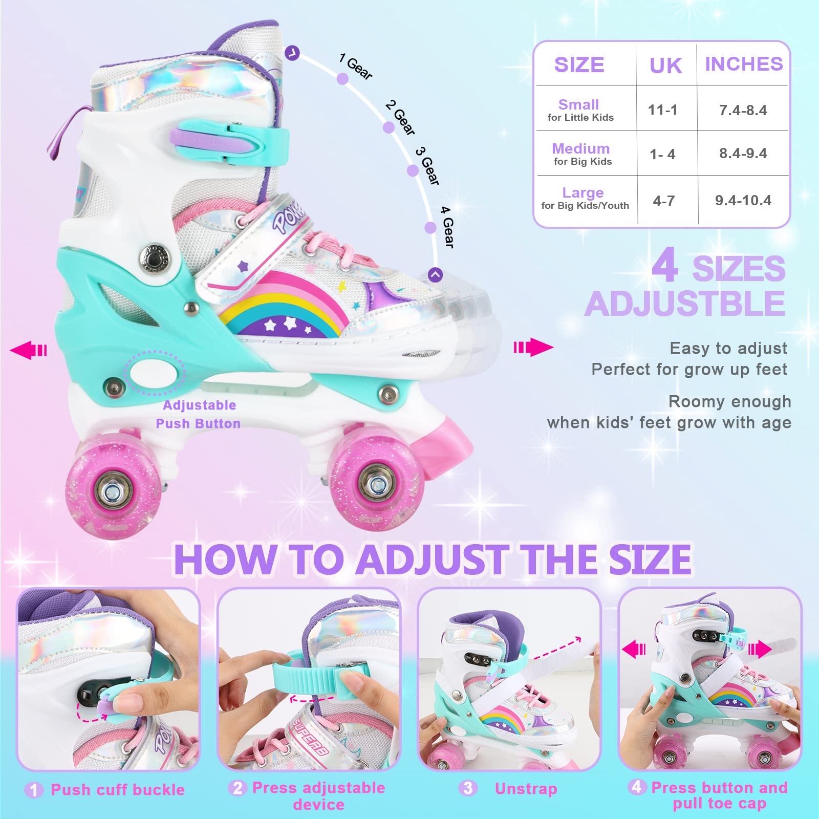 Adjustable Kids Roller Skates for Girls Children Beginners, 4 Sizes Adjustable Roller Skates Rainbow Color for Toddler Little Kids Child with All