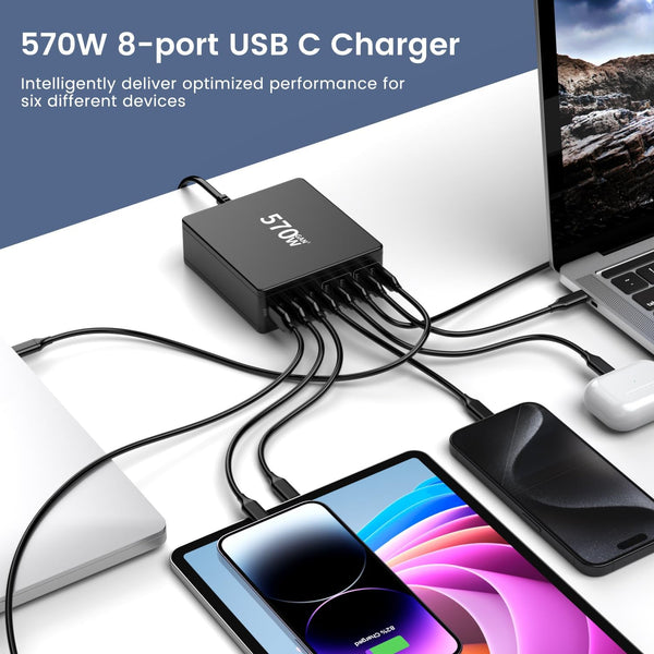 FINIBO 570W USB C Charging Station - 8 Port With 5 USB C and 3 USB A, Quick Charger Multiple Dual PD PPS for Laptop, MacBook Pro/Air, iPad, iPhone Series, Samsung