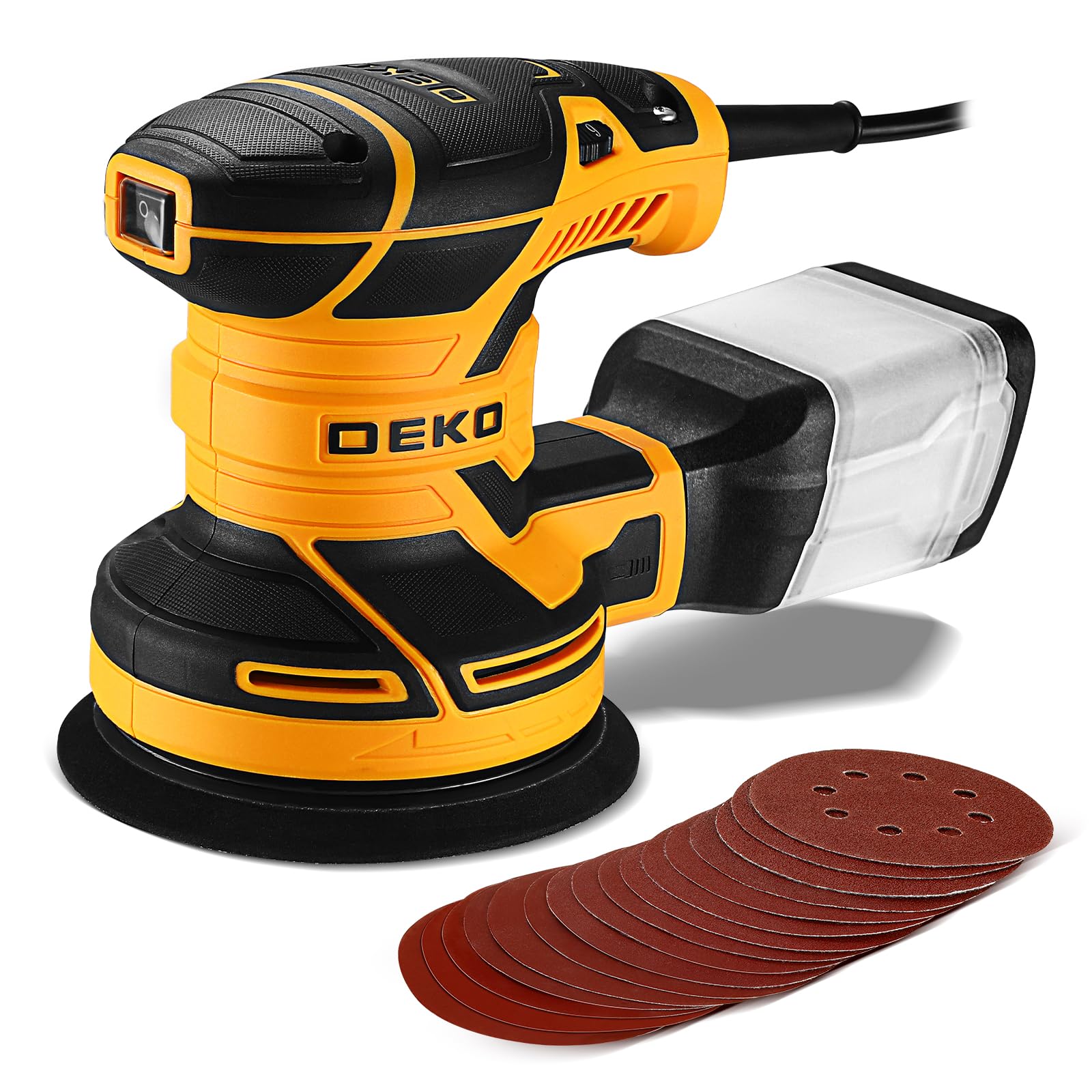 DEKOPRO Random Orbit Sander 300W with 16Pcs Sandpapers, 6 Variable Speed 14000RPM, 125MM Hand Electric Tool, High Performance Dust Collection System, Fit for Woodworking/Sanding