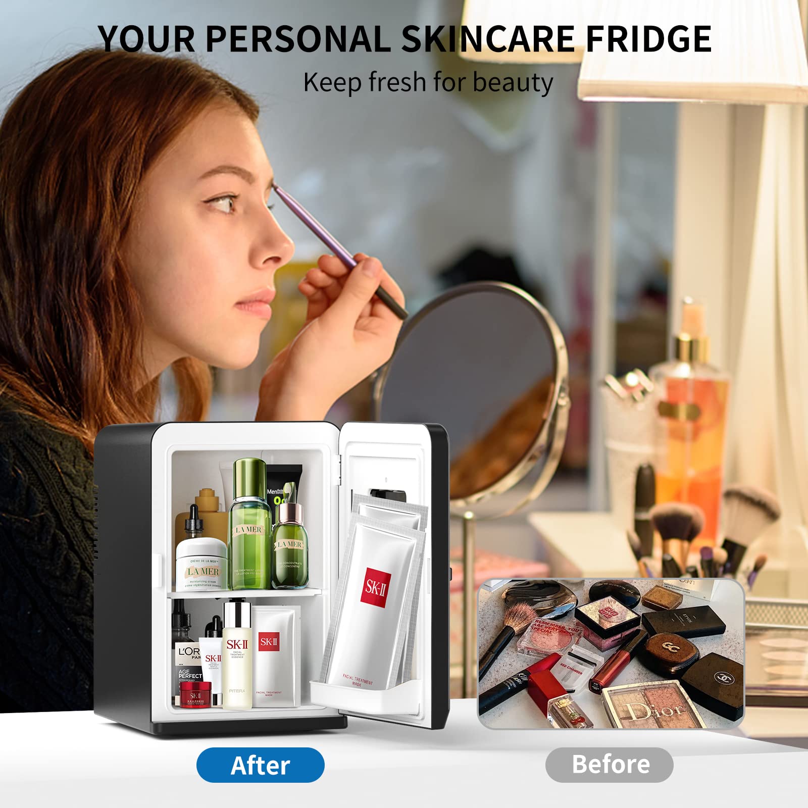 Mini Fridge 15 Liter/21 Cans, Upgrade Portable AC+DC Power Small Fridge for Bedroom, Car, Office, Thermoelectric Cooler and Warmer Skincare Fridge for Food, Drinks, Cosmetics, Max & ECO Mode