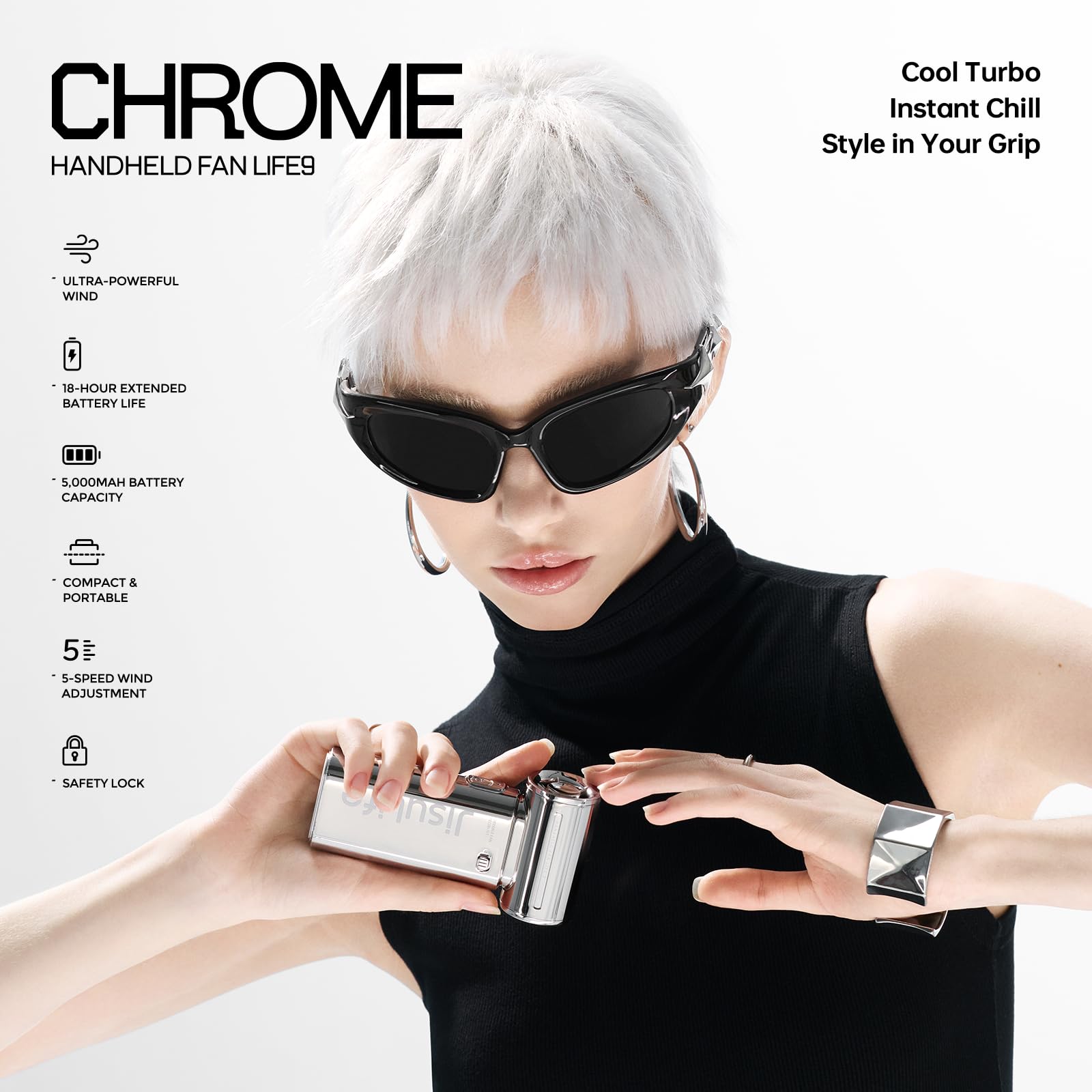 JISULIFE Portable Handheld Fan Life9, Turbo Power High Speed Air [18H Max Cooling Time], 5 Gear Wind, 5000mAh Rechargeable, Mini Pocket Design, Personal Fan for Travel Concerts Camping Makeup - Black