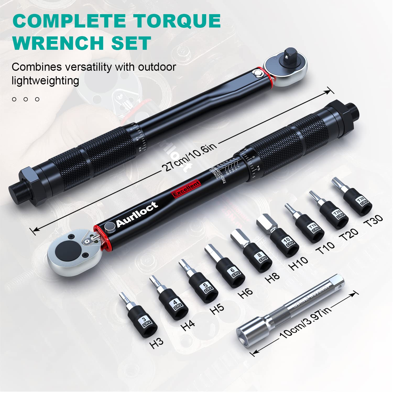 1/2" Torque Wrench Set, Car Wheel Torque Spanner 20-230 Nm with 3/8'' Adapter, ± 3% Accuracy, 72 Tooth for Car Repair, Tire Replacement Etc