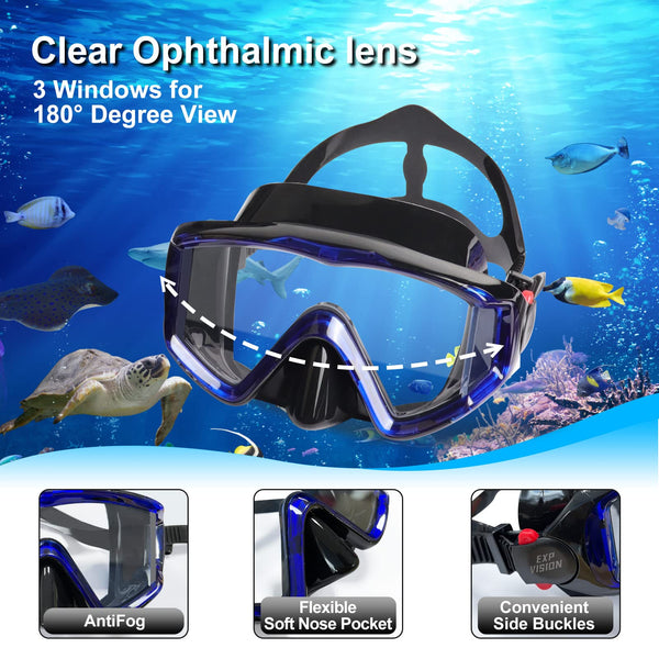 Dry Snorkel Set, Pano 3 Window Snorkel Mask, Anti-Fog Scuba Diving Goggles and Snorkel, Professional Adult Snorkeling Swim Mask Gear (Blue Set)