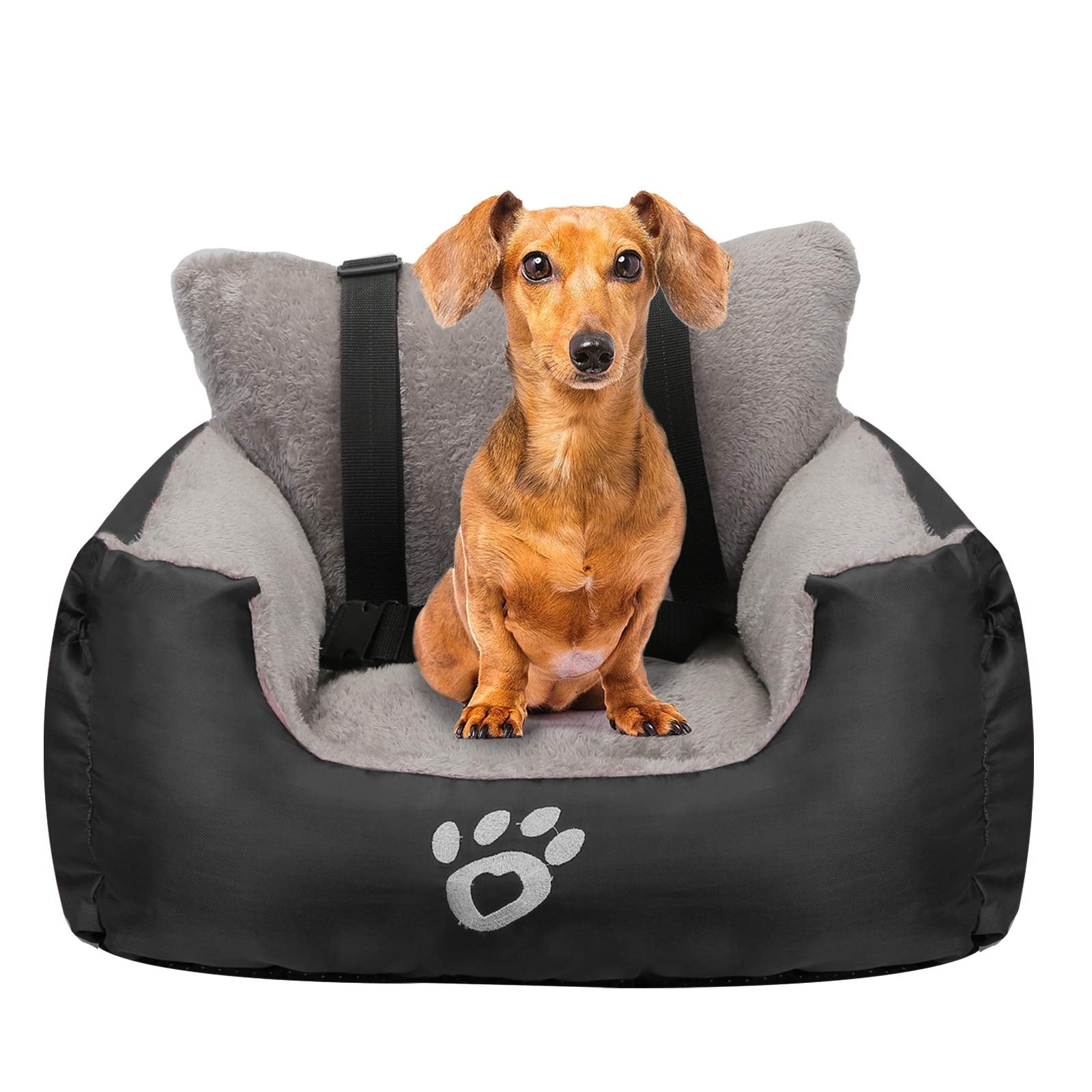 GoFirst Dog Car Seat for Small Dogs or Cats, Pet Booster Seat Travel Car Bed with Storage Pocket and Clip-On Safety Leash, Waterproof Warm Plush Dog Car Safety Seats,Black