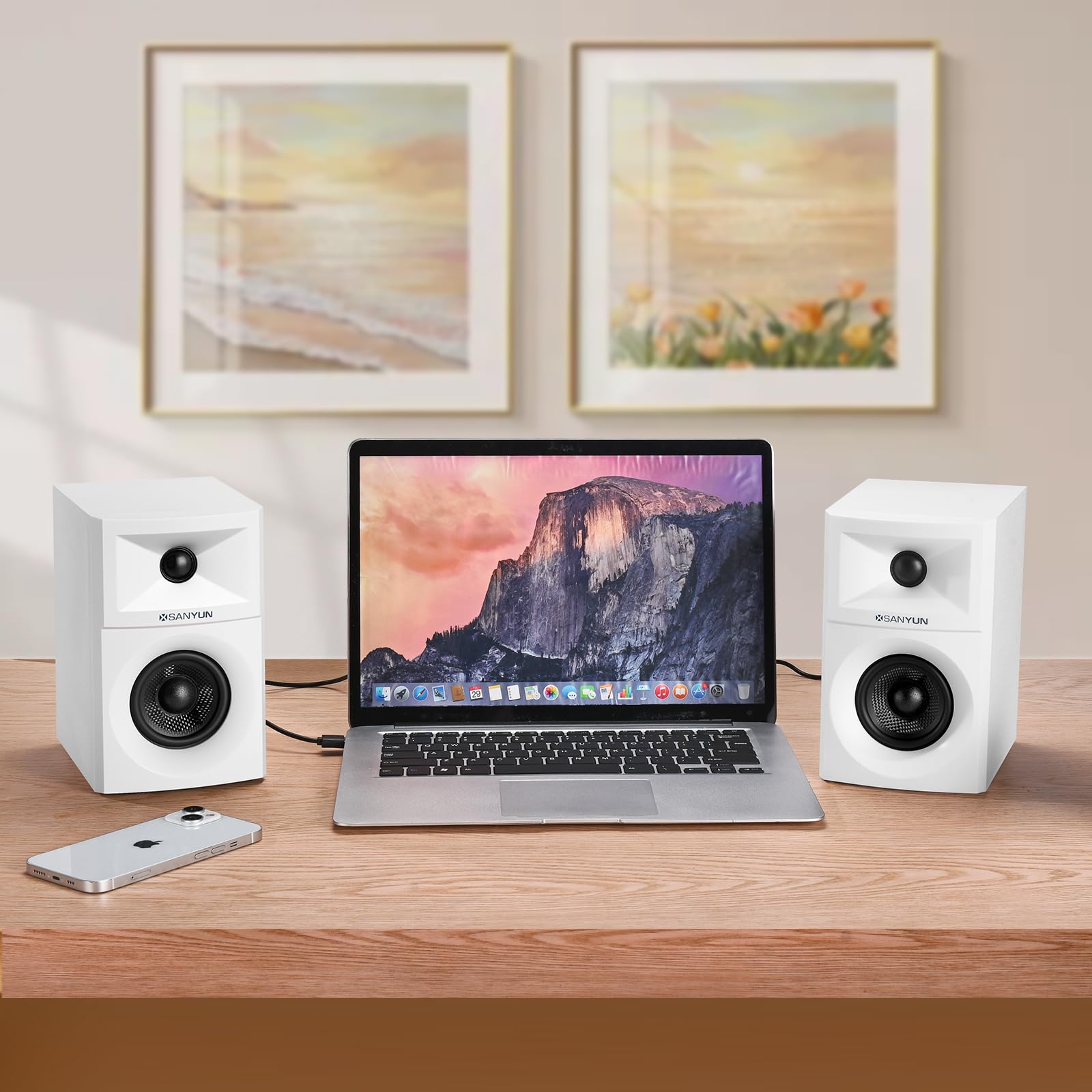 Sanyun SW203 4.0 Computer Speakers - 60W 4-Way DSP Control 3D Immersive Sound - 3" Carbon Fiber Woofer & 20mm Silk Dome Tweeter - 24bit DAC USB/Bluetooth 5.4/AUX - Studio-Grade Audio (Pair, Black)