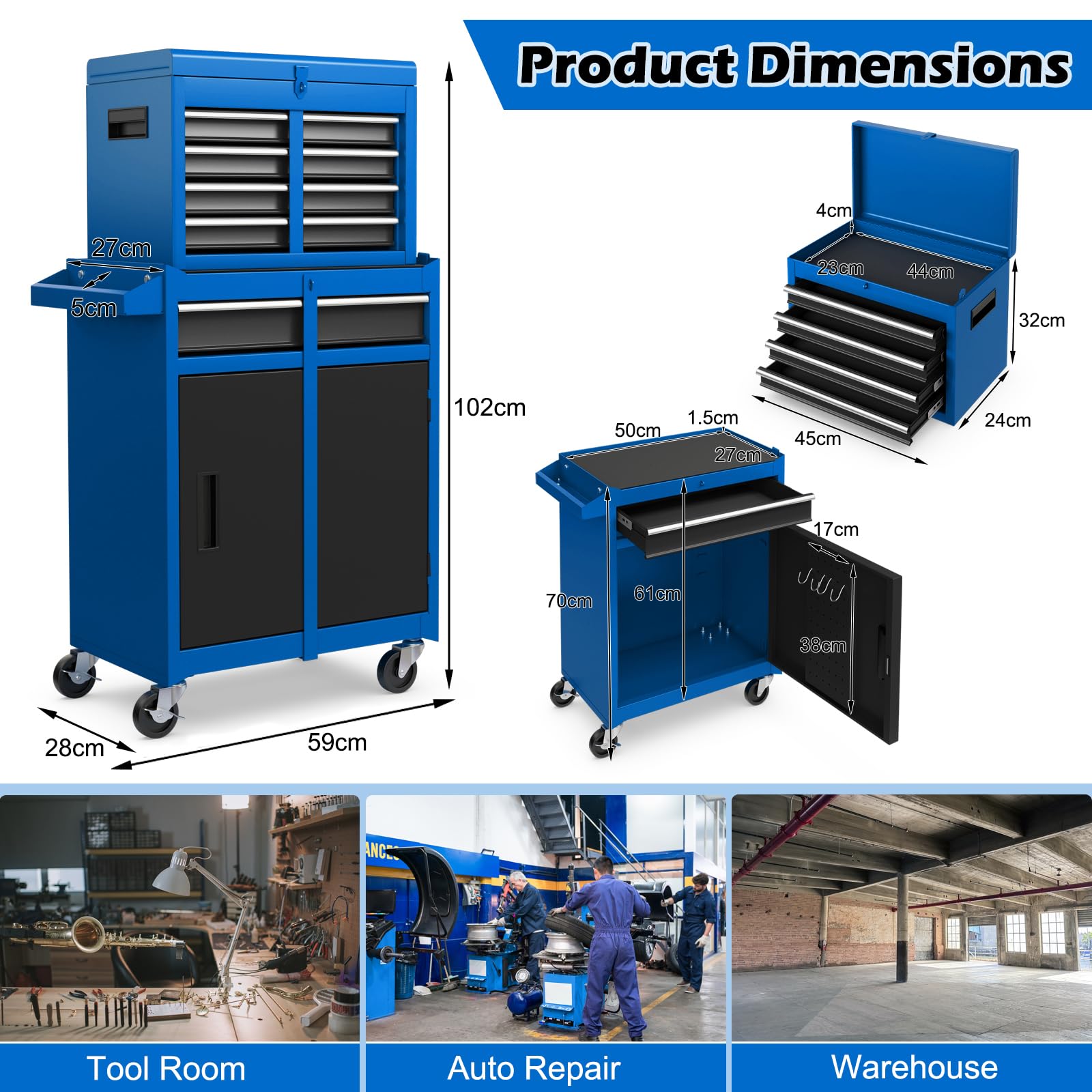 COSTWAY Large Rolling Tool Cabinet, 2-in-1 Detachable Metal Tool Chest with Drawers, Wheel, Handle, Hooks & Pegboard, Lockable Tool Box Trolley for Garage Workshop (with Middle Compartment, Black)