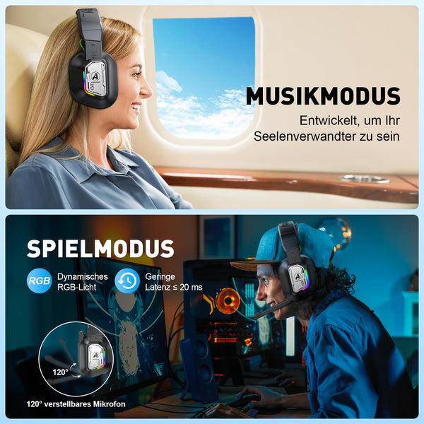 PH4 Wireless Gaming Headset with Microphone, Game/Music Mode, 2.4GHz Bluetooth Gaming Headphones for PS5, PS4, PC, Switch, Low Latency Lossless Sound Foldable Noise Cancelling Black