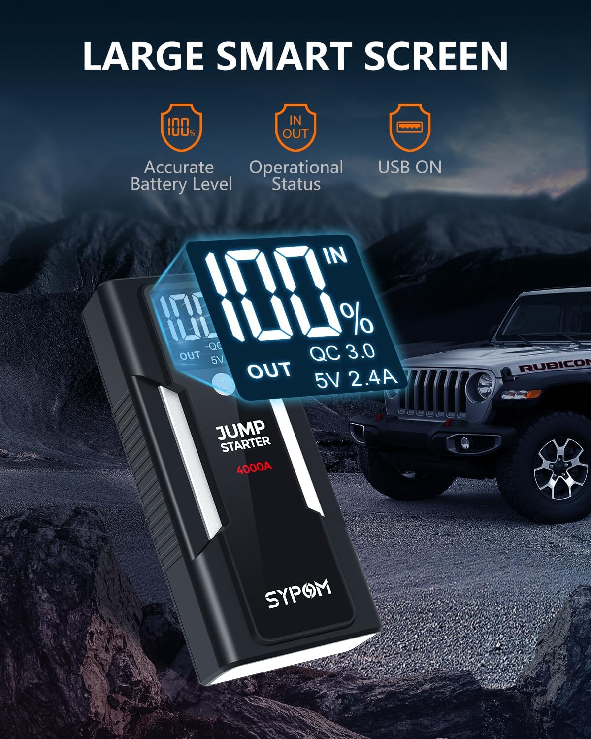 SYPOM Jump Starter, 4000A Peak Car Battery Jump Starter (for All Gas or Up to 10L Diesel), Portable Car Starter Battery Pack with Extended Smart Jumper Cables,12V Auto Jump Box with LED Light
