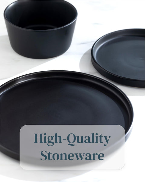 24 Piece Black Dinner Sets for 6 People - Cool Urban Style Stoneware Dinner Set for 6 - Dishwasher & Microwave Safe Plates and Bowls Set for 6 - Dinnerware Sets by Pure Living in Matte Black