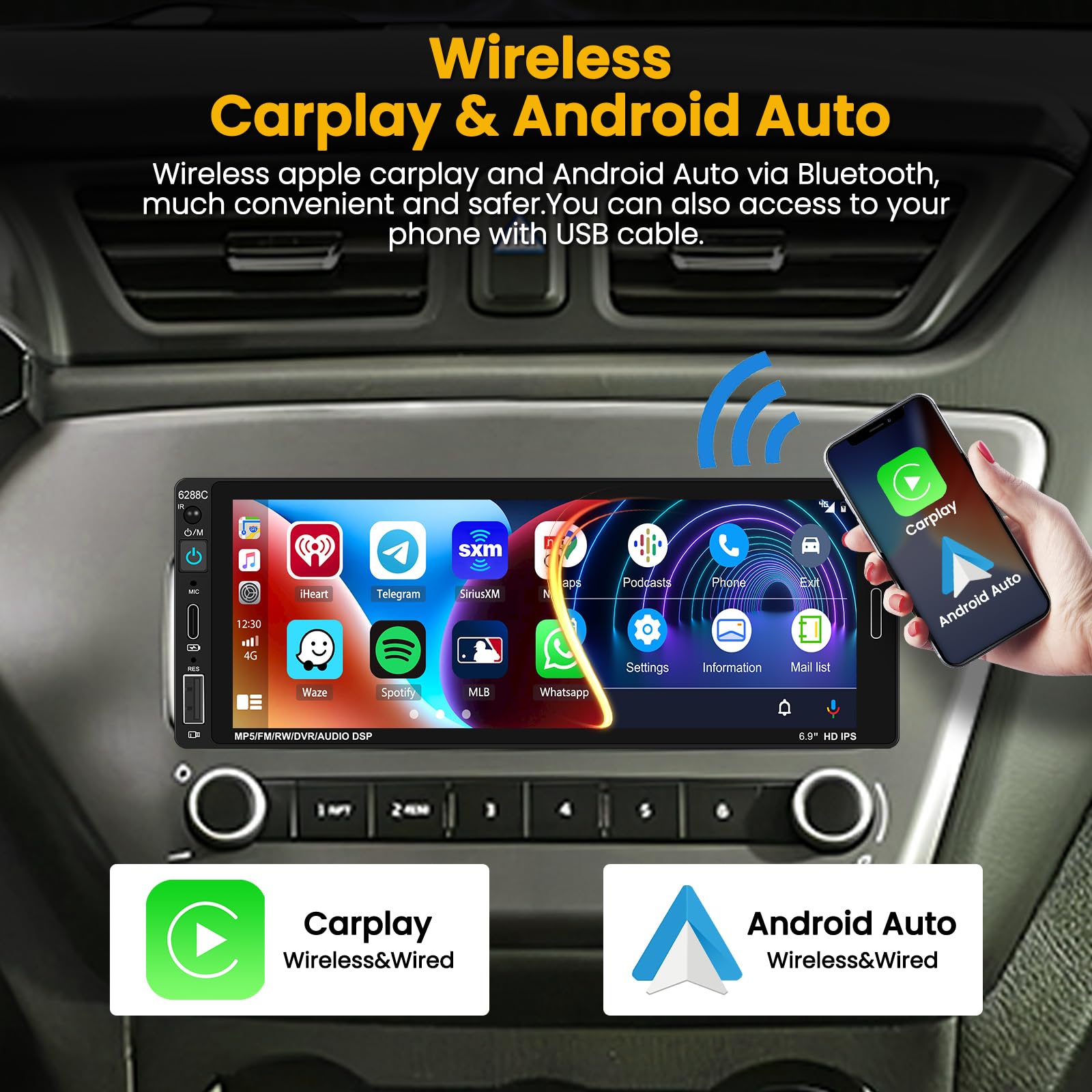 Hikity 6.9 Inch Wireless Carplay Single Din Car Stereo Android Auto Radio with Bluetooth5.0 FM Rear View Camera USB EQ