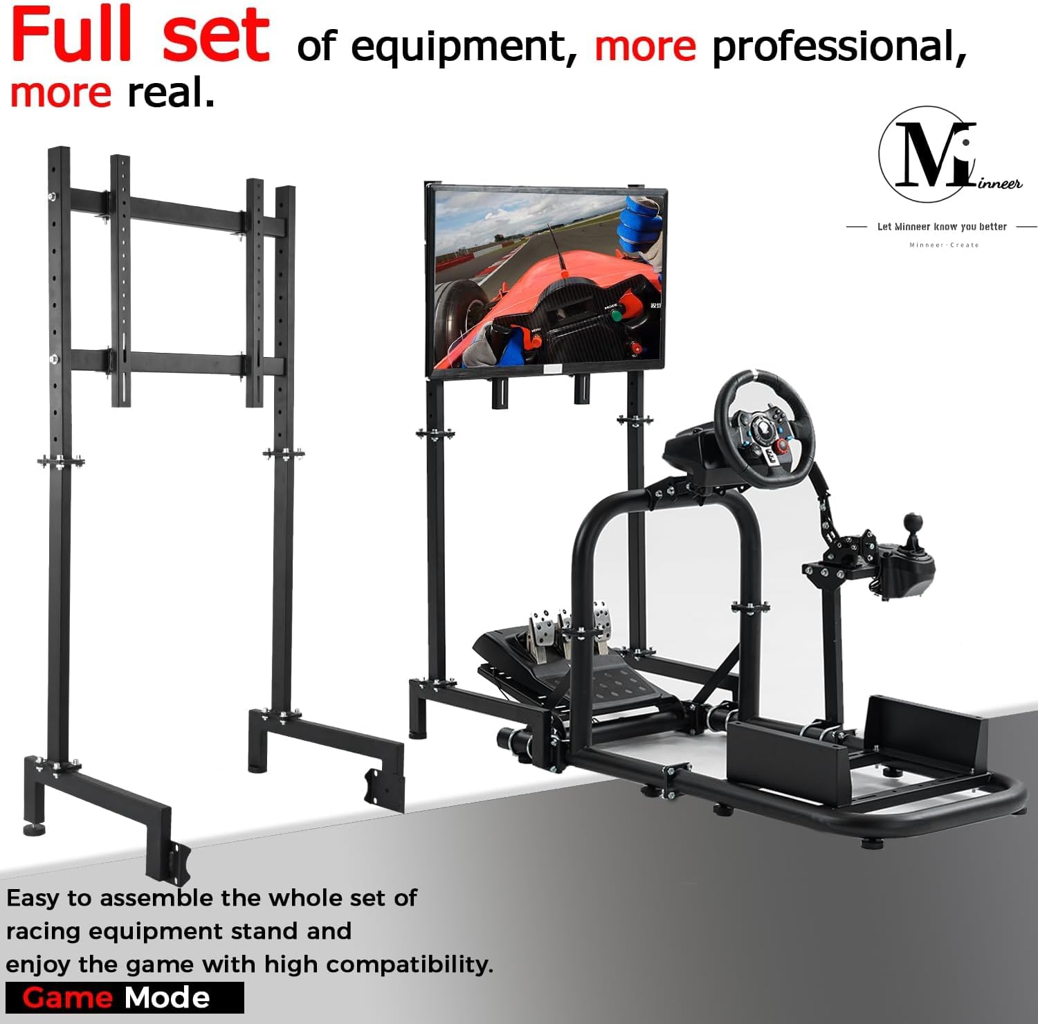 Minneer Flight Racing Simulator Cockpit with Monitor Mount Fit for Logitech Thrustmaster Fanatec G29 G920 G923 Racing, Enhanced Round Tube Steering Wheel Stand Not Included Wheel Pedal Handbrake Seat