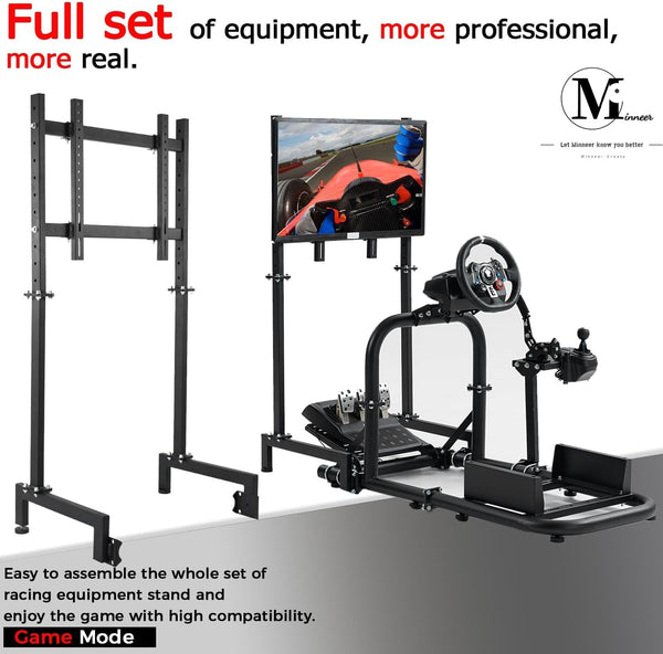 Minneer Flight Racing Simulator Cockpit with Monitor Mount Fit for Logitech Thrustmaster Fanatec G29 G920 G923 Racing, Enhanced Round Tube Steering Wheel Stand Not Included Wheel Pedal Handbrake Seat