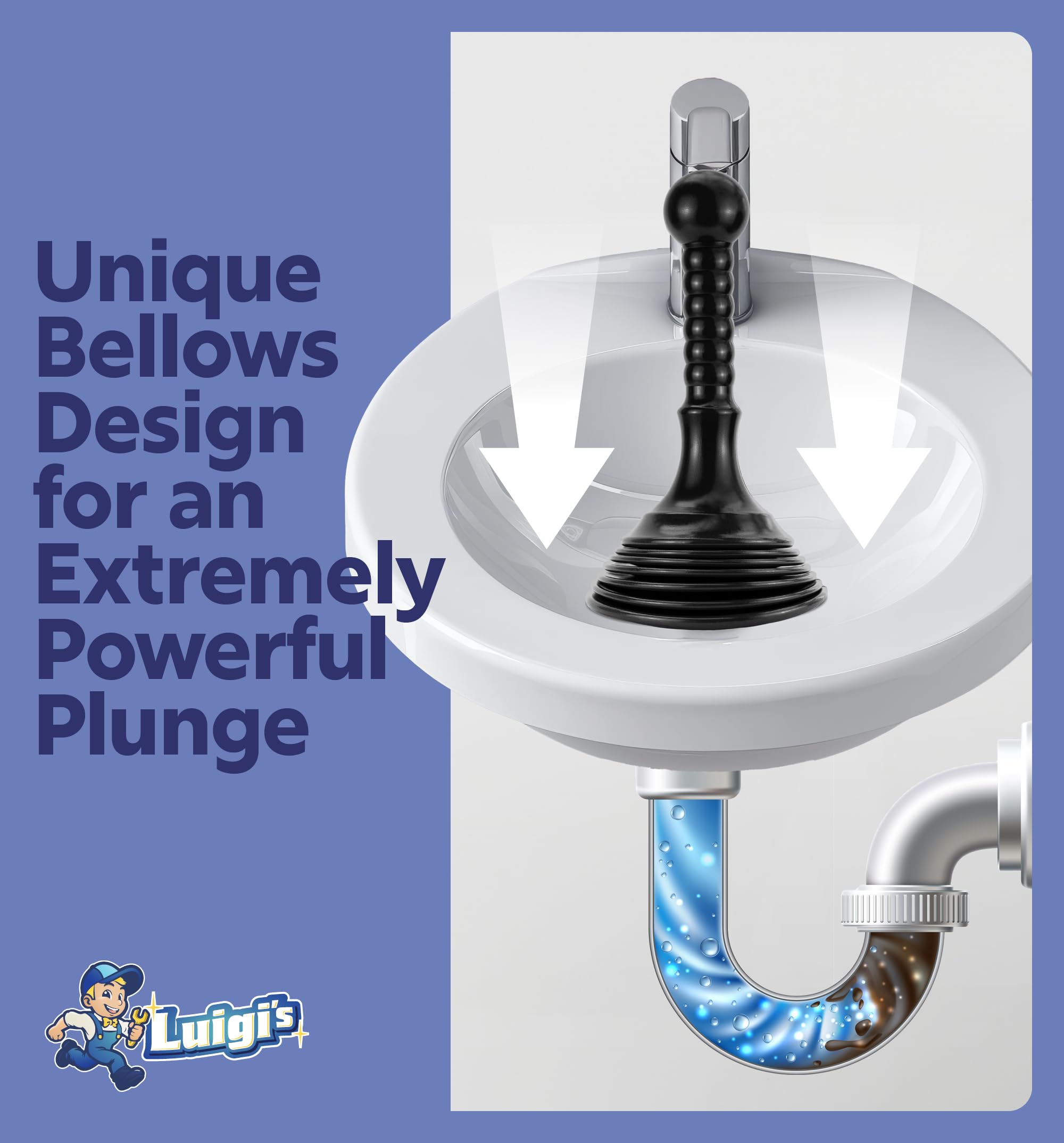 Luigi's Sink Plunger - Drain Plunger Sink Unblocker - Plungers for Unblocking - Drain Plungers for Bathroom Kitchen Bath Shower - Unblock Pump with Accordion Bellows
