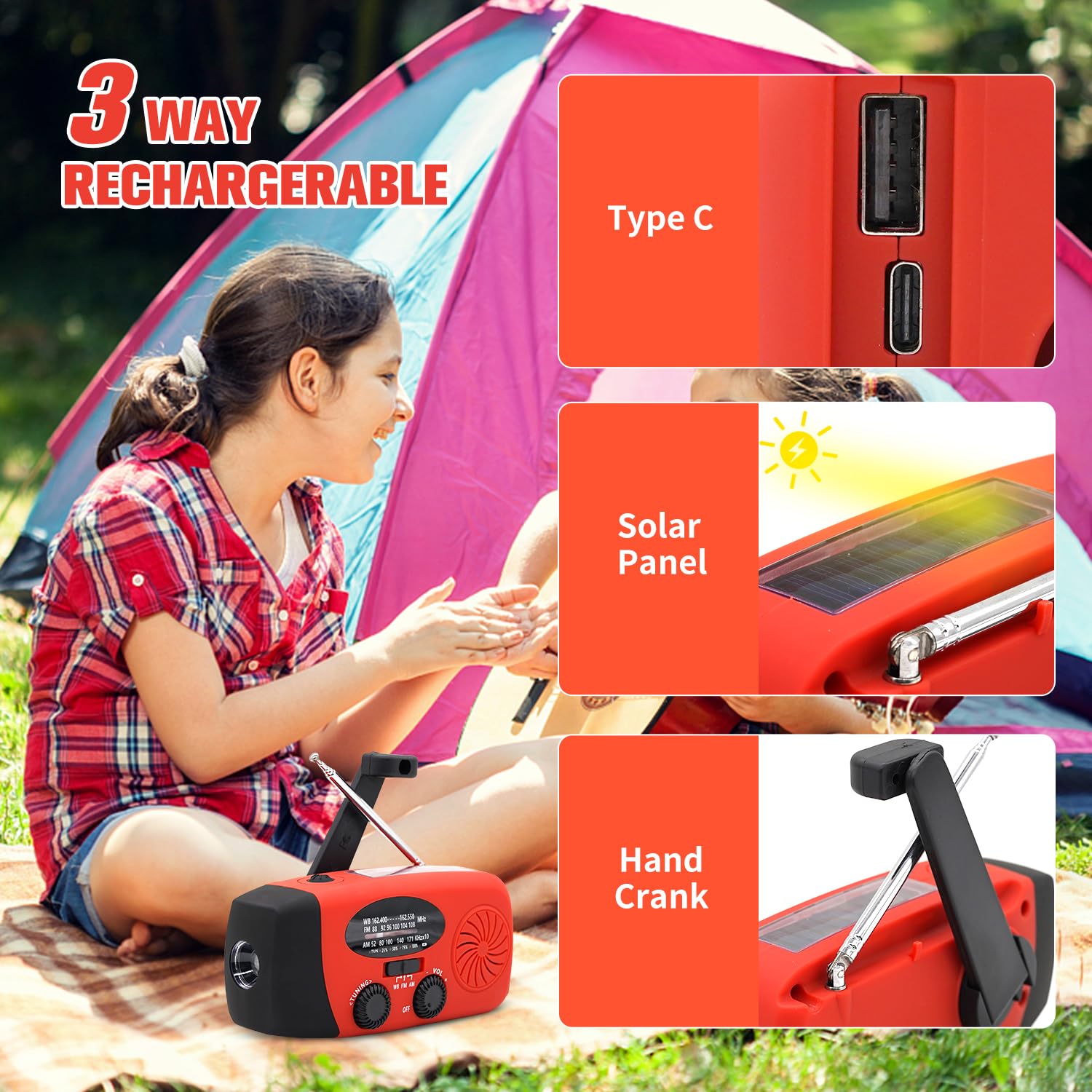 iRonsnow Solar Emergency Hand Crank Weather Radio, Portable Self Powered NOAA AM/FM Radios with SOS Alarm LED Flashlight 2000mAh Smart Phone USB Charger for Camping (Red)