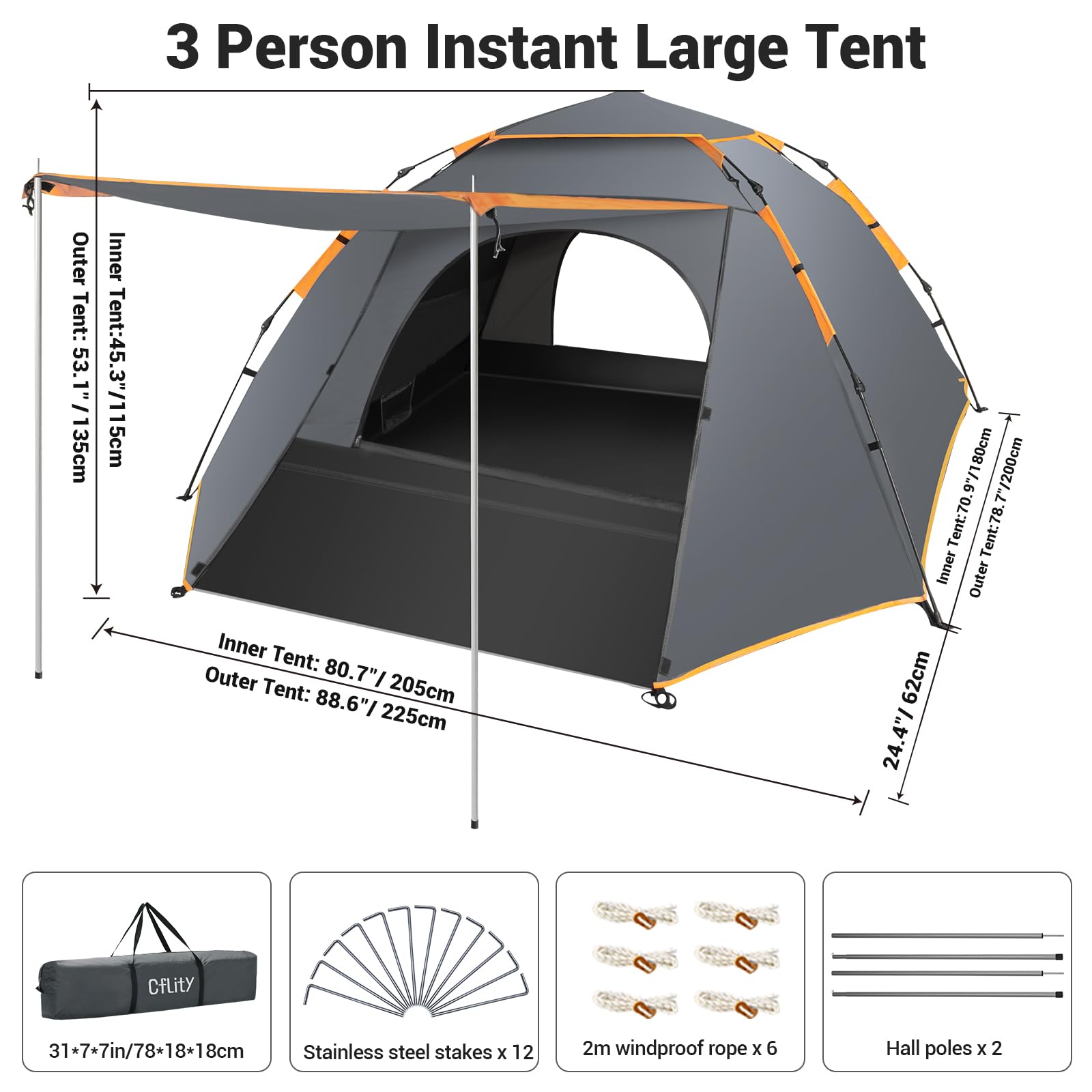 Cflity Camping Tent, 3 Man Pop Up Tent Automatic Instant Three Layer Waterproof 4 Season Large Dome Tent & Shelters with Extended Floor Mat Porch 2 Hall Poles Removable Rainfly