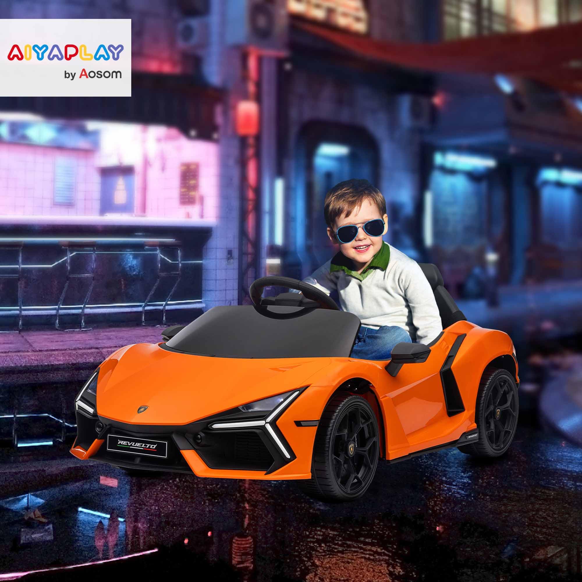 AIYAPLAY Lamborghini Revuelto Licensed Kid Electric Car, 12V Kids Electric Ride On with Butterfly Doors, Suspension, Remote Control, LED Lights, Horn, USB, MP3 for 3-5 Years, Orange