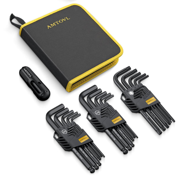 AMTOVL Hex Keys Set, 27PCS Allen Key Set & Star Key Set, Magnetic S2 Steel Metric Imperial Extra Long Ball End Hex Key Set with Color Coding with T-Handle for Bicycle Repair Household DIY