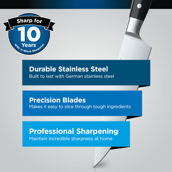 Ninja Foodi StaySharp Knife Block with Integrated Sharpener, 5-Piece Knife Set includes Chef, Bread, Slicing, Utility, Paring Knives, Stainless Steel K32005UK, Black