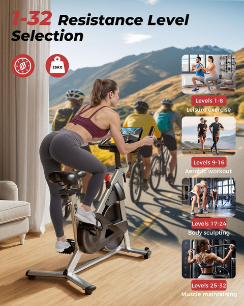 Superun Exercise Bike for Home Use Spin Bike with Adjustable Magnetic Resistance, Stationary Bike with LCD Display and APP, 136 kg Weight Capacity