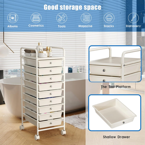 Johgee 9 Drawers Plastic Storage Cart, Multipurpose Mobile Organizer Shelving Unit with Lockable Wheels, Rolling Cart Storage Trolley for Home Office