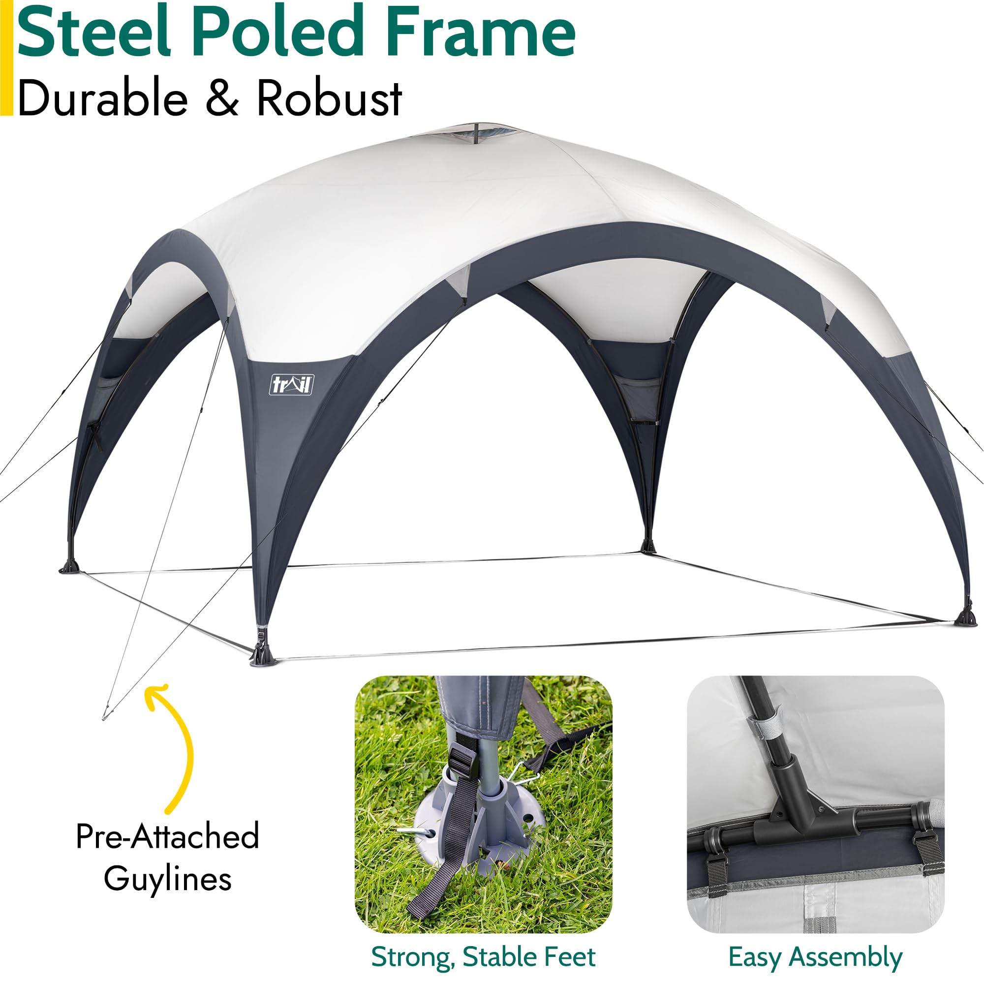 Trail Dome Gazebo with Sides, Portable Steel Pole Shelter, Outdoor Event Camping Garden, 4 Walls, 2 with Doors & Windows, UPF50+ Sun Protection, 4000mm Waterproof, Vent, Bag (3.5m x 3.5m x 2.25m)